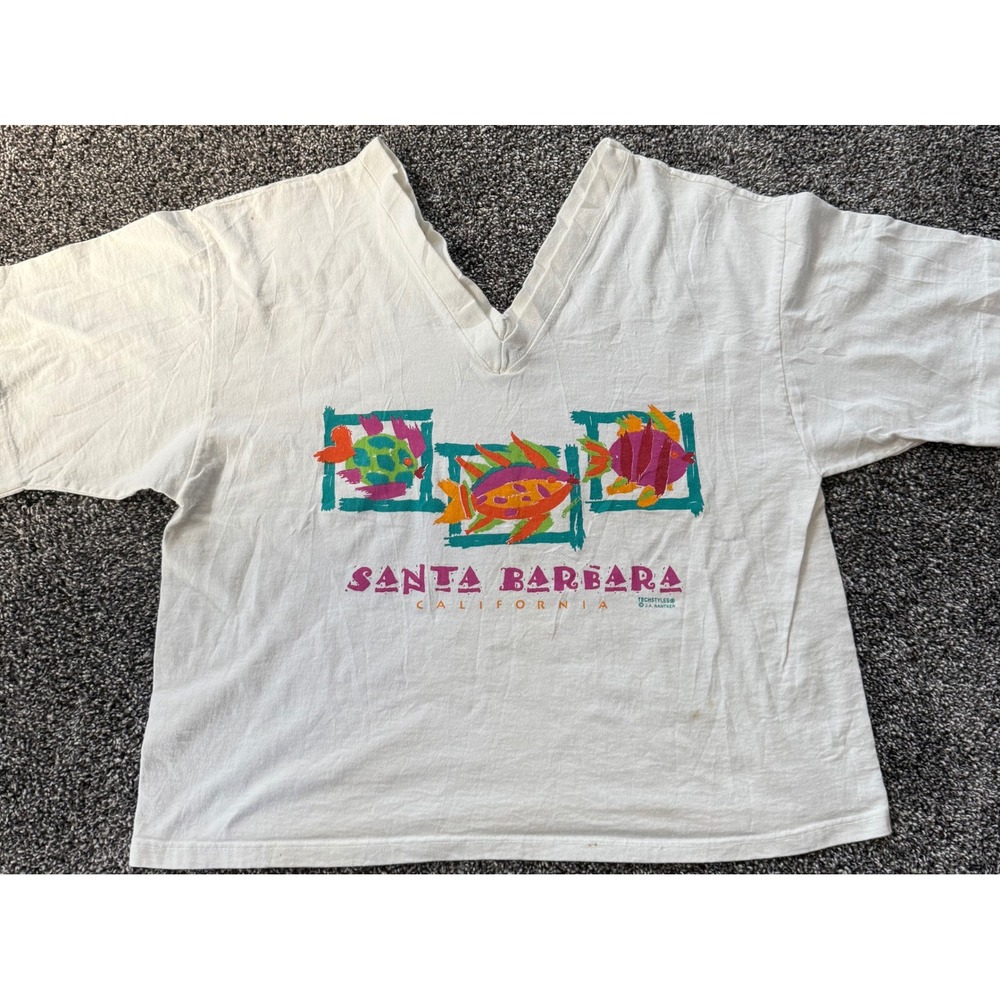 Vintage Cal Cru Santa Barbara California Fish T-Shirt White V-Neck OSFM USA Made